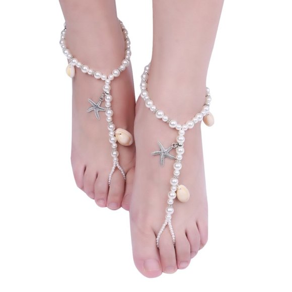 Barefoot Sandals With Starfish, Pearls & Cowrie Seashells for Beach Wedding NWT - Picture 2 of 5